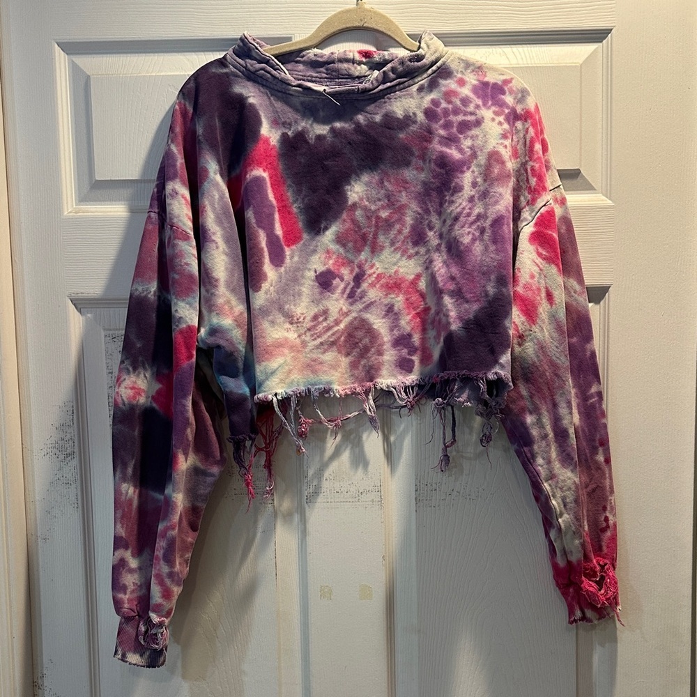Vintage Y2K WEK Tie Dye Cotton Destroyed Mock Neck Crop Top L/XL Hippie Granola